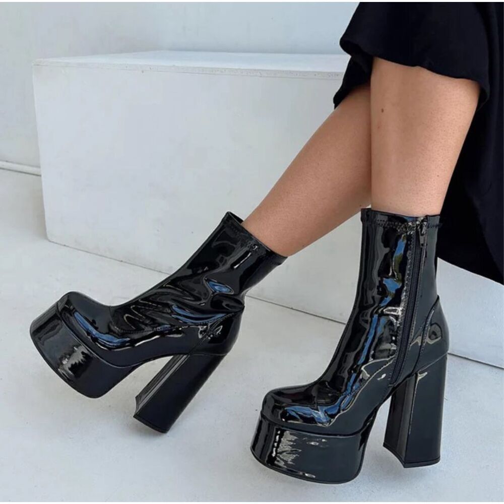 Princess Polly LIBBY PLATFORM Sock Boots BLACK Patent Size 9 New